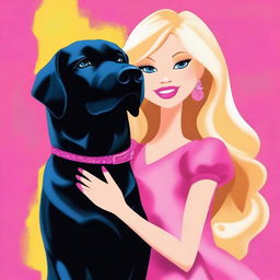 A lively digital art piece depicting a blonde Barbie in a warm embrace with a big black retriever