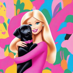 A lively digital art piece depicting a blonde Barbie in a warm embrace with a big black retriever