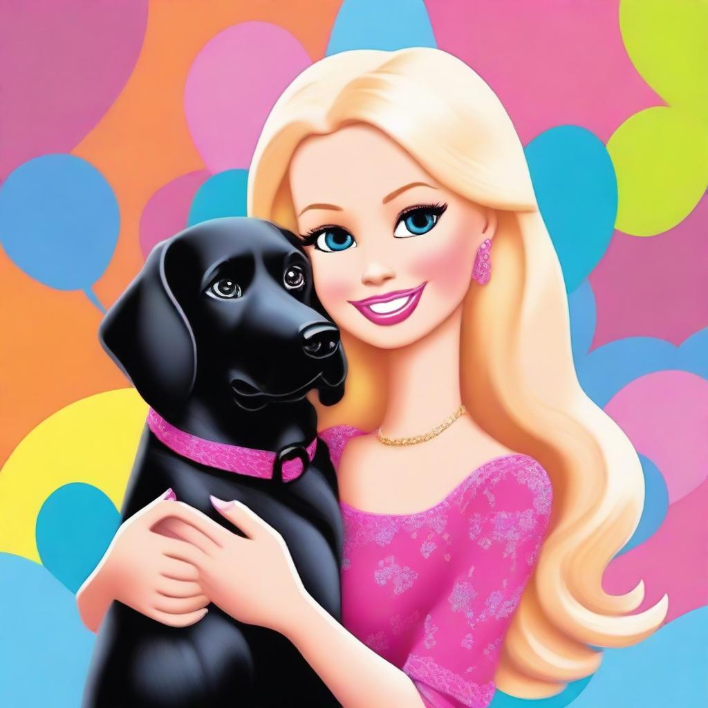 A lively digital art piece depicting a blonde Barbie in a warm embrace with a big black retriever