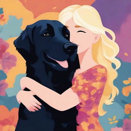 A vibrant digital artwork showcasing a cartoon-style blonde woman lovingly hugging a large black retriever