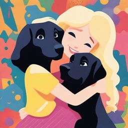 A vibrant digital artwork showcasing a cartoon-style blonde woman lovingly hugging a large black retriever