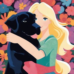 A vibrant digital artwork showcasing a cartoon-style blonde woman lovingly hugging a large black retriever