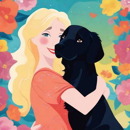 A vibrant digital artwork showcasing a cartoon-style blonde woman lovingly hugging a large black retriever