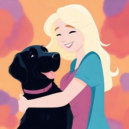 An image of a cartoon-style blonde woman with shoulder-length hair lovingly hugging a large black retriever