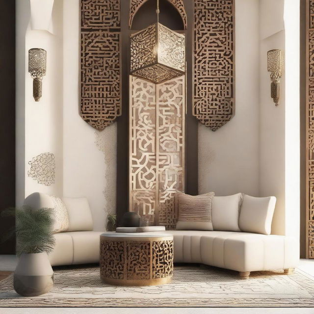 A podcast corner featuring a modern Arabic design with elegant furniture, Arabic motifs, and advanced tech equipment.