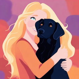 An image of a cartoon-style blonde woman with shoulder-length hair lovingly hugging a large black retriever