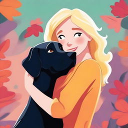 An image of a cartoon-style blonde woman with shoulder-length hair lovingly hugging a large black retriever