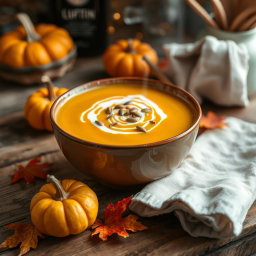 A beautifully presented bowl of pumpkin soup, garnished with a swirl of cream and sprinkled with pumpkin seeds, served on a rustic wooden table