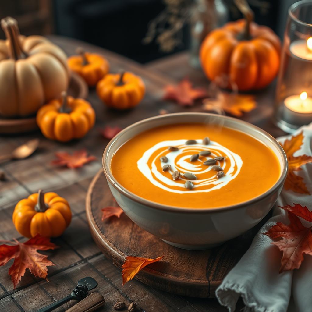 A beautifully presented bowl of pumpkin soup, garnished with a swirl of cream and sprinkled with pumpkin seeds, served on a rustic wooden table