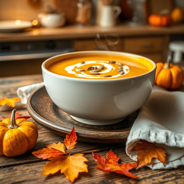 A beautifully presented bowl of pumpkin soup, garnished with a swirl of cream and sprinkled with pumpkin seeds, served on a rustic wooden table