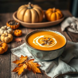 A beautifully presented bowl of pumpkin soup, garnished with a swirl of cream and sprinkled with pumpkin seeds, served on a rustic wooden table
