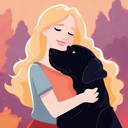 An image of a cartoon-style blonde woman with shoulder-length hair lovingly hugging a large black retriever