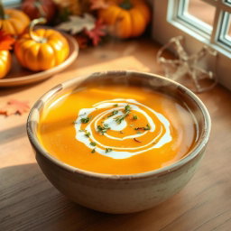 A steaming bowl of pumpkin soup, garnished with a swirl of cream and sprinkled with fresh herbs