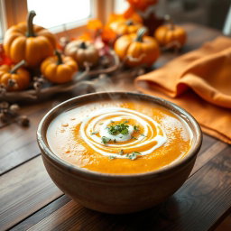 A steaming bowl of pumpkin soup, garnished with a swirl of cream and sprinkled with fresh herbs