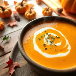A steaming bowl of pumpkin soup, garnished with a swirl of cream and sprinkled with fresh herbs