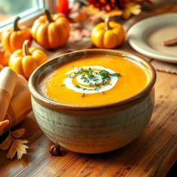 A steaming bowl of pumpkin soup, garnished with a swirl of cream and sprinkled with fresh herbs