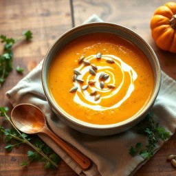 A warm, inviting bowl of pumpkin soup topped with a swirl of cream and sprinkled with pumpkin seeds