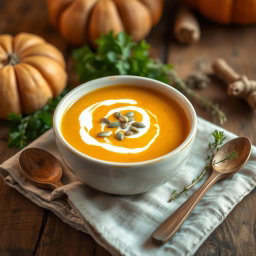A warm, inviting bowl of pumpkin soup topped with a swirl of cream and sprinkled with pumpkin seeds