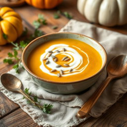 A warm, inviting bowl of pumpkin soup topped with a swirl of cream and sprinkled with pumpkin seeds