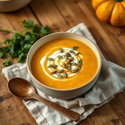 A warm, inviting bowl of pumpkin soup topped with a swirl of cream and sprinkled with pumpkin seeds