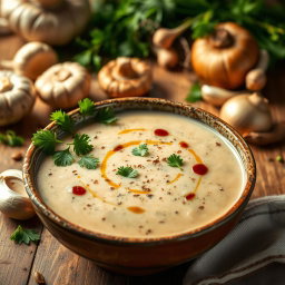 A delicious, creamy mushroom soup presented in an elegant way