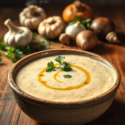 A delicious, creamy mushroom soup presented in an elegant way