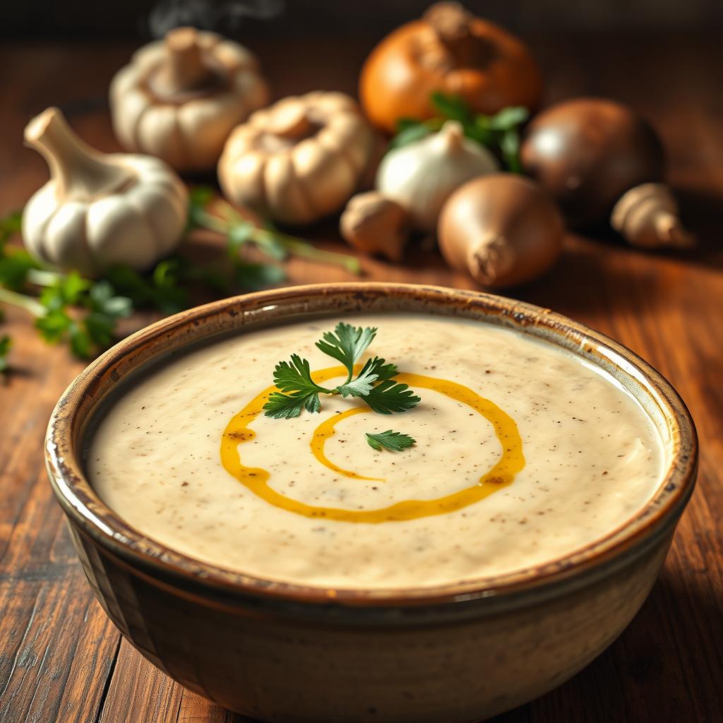 A delicious, creamy mushroom soup presented in an elegant way