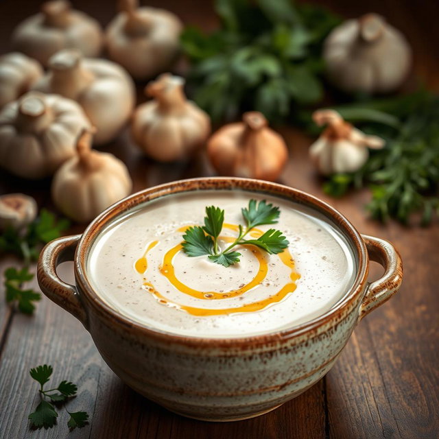 A delicious, creamy mushroom soup presented in an elegant way