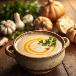 A delicious, creamy mushroom soup presented in an elegant way