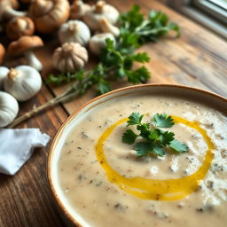 A delicious bowl of creamy mushroom soup, garnished with fresh parsley and a drizzle of olive oil
