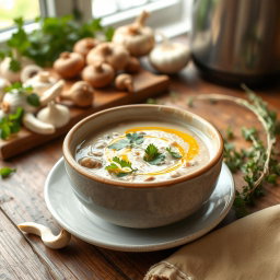 A delicious bowl of creamy mushroom soup, garnished with fresh parsley and a drizzle of olive oil