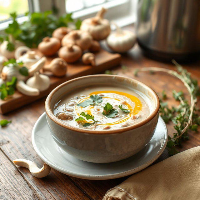 A delicious bowl of creamy mushroom soup, garnished with fresh parsley and a drizzle of olive oil