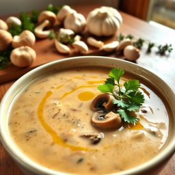 A delicious bowl of creamy mushroom soup, garnished with fresh parsley and a drizzle of olive oil