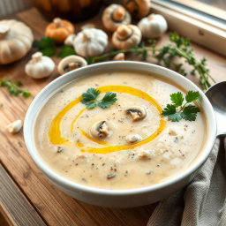 A delicious bowl of creamy mushroom soup, garnished with fresh parsley and a drizzle of olive oil