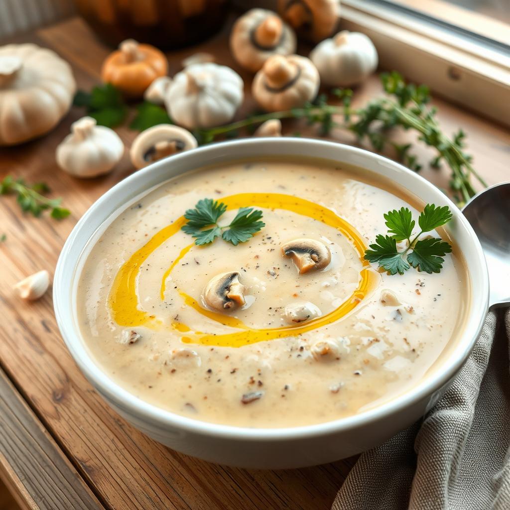 A delicious bowl of creamy mushroom soup, garnished with fresh parsley and a drizzle of olive oil