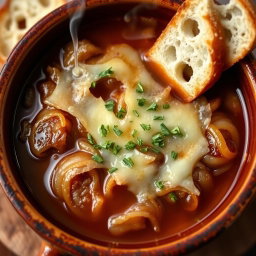 A rich and comforting bowl of classic French onion soup, featuring beautifully caramelized onions nestled in a savory broth