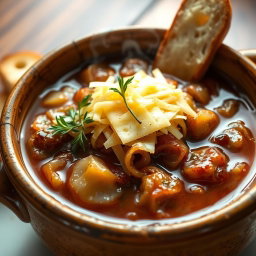 A rich and comforting bowl of classic French onion soup, featuring beautifully caramelized onions nestled in a savory broth