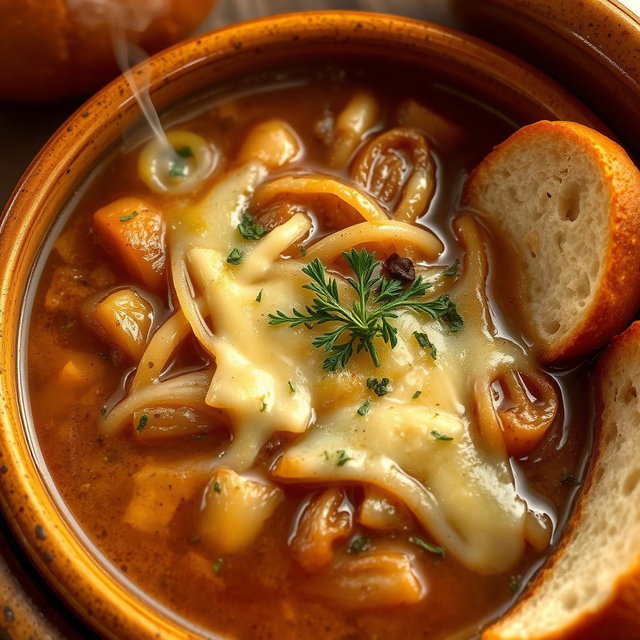 A rich and comforting bowl of classic French onion soup, featuring beautifully caramelized onions nestled in a savory broth
