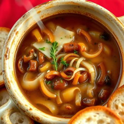 A rich and comforting bowl of classic French onion soup, featuring beautifully caramelized onions nestled in a savory broth
