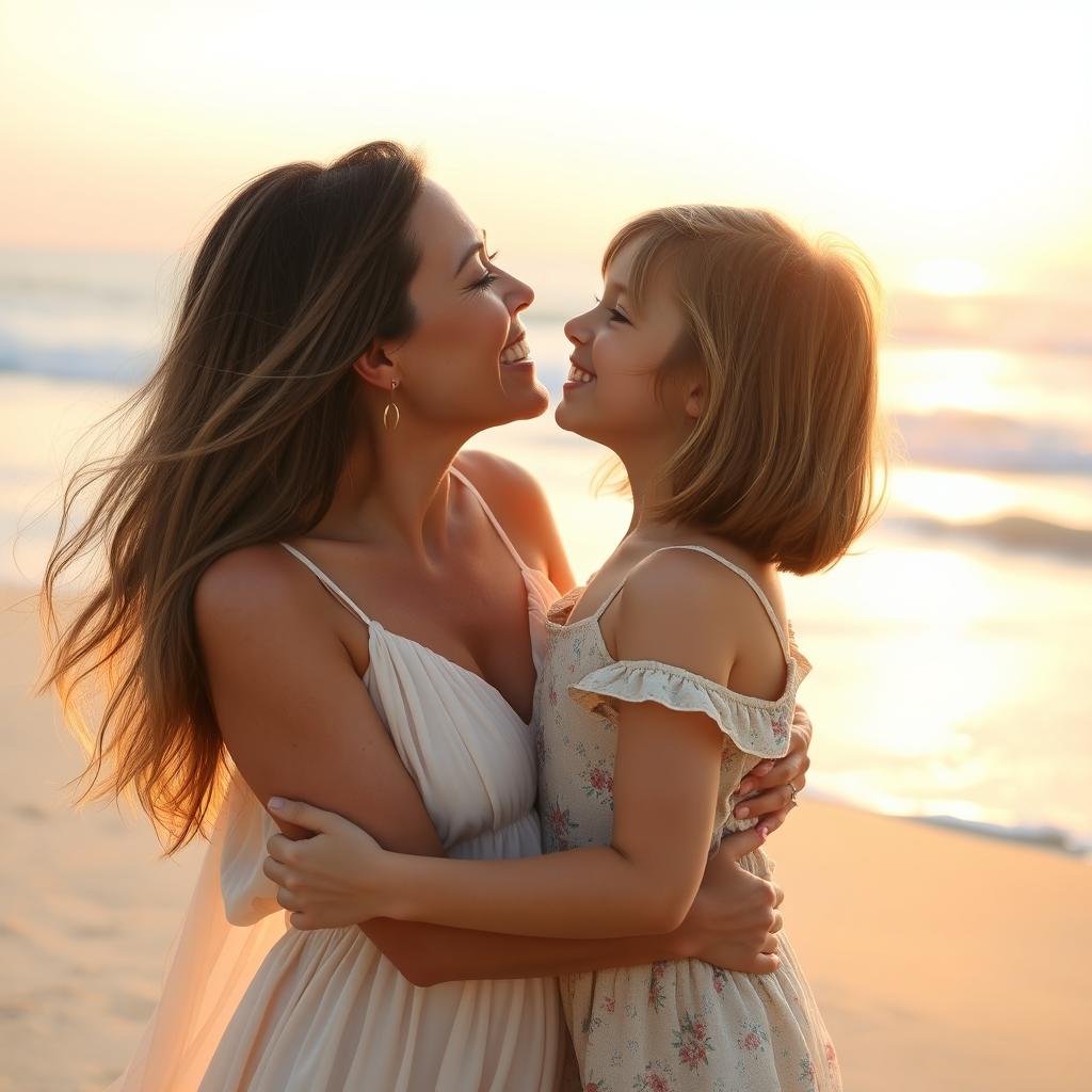 A tender moment of a mother and daughter sharing a loving kiss on a sunlit beach, surrounded by gentle waves and soft sand