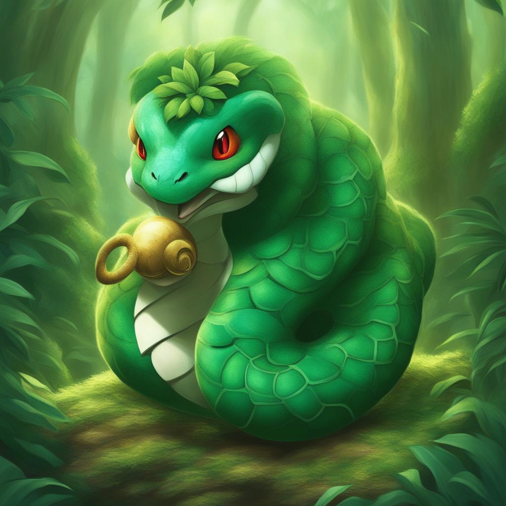 The digital art image features a robust, coiled Pokemon inspired by an Anaconda