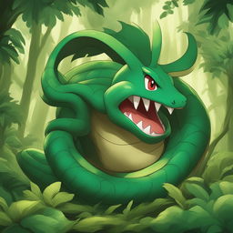 The digital art image features a robust, coiled Pokemon inspired by an Anaconda