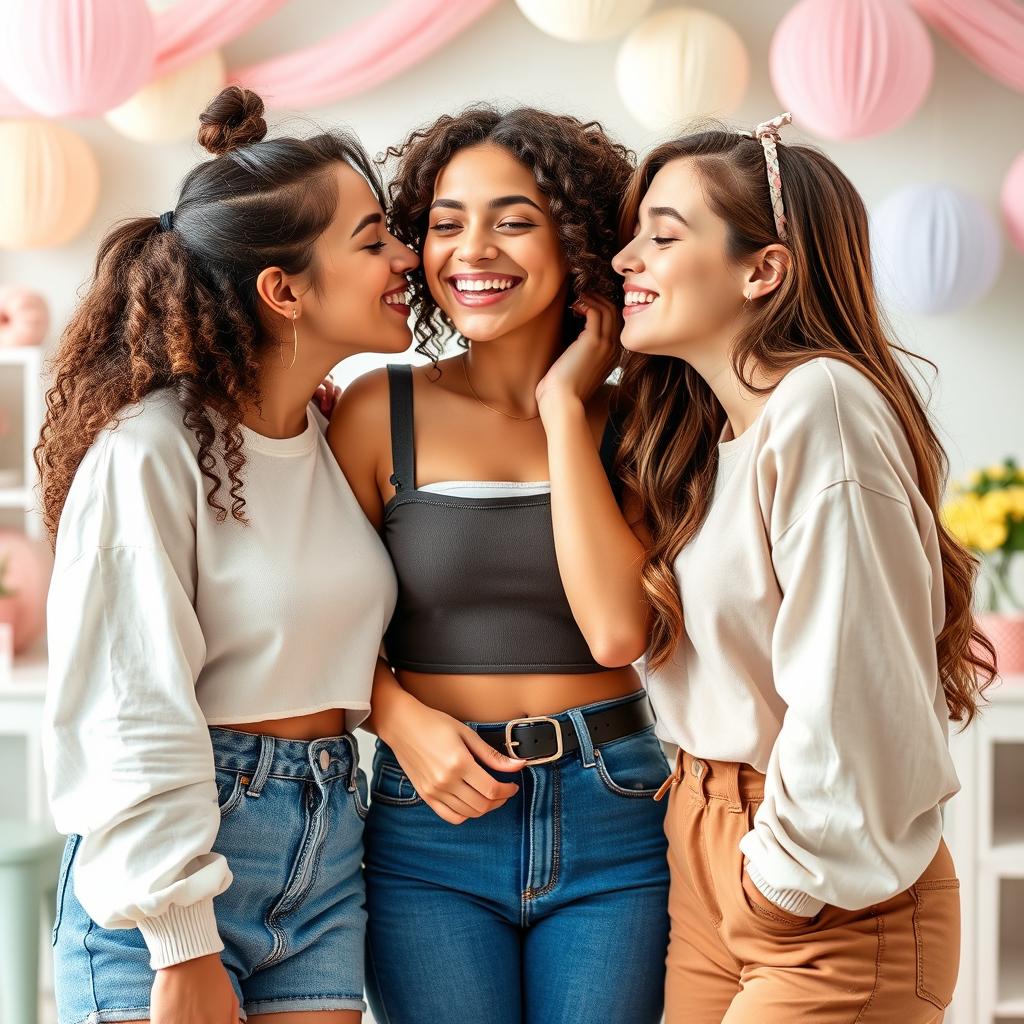 Three young women with diverse features and hairstyles playfully kiss and caress each other in a playful, cheerful setting