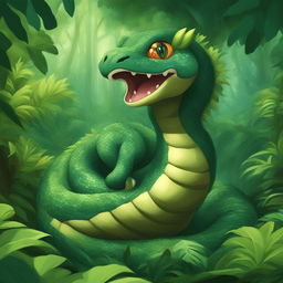 The digital art image features a robust, coiled Pokemon inspired by an Anaconda