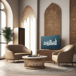 A podcast corner featuring a modern Arabic design with elegant furniture, Arabic motifs, and advanced tech equipment.