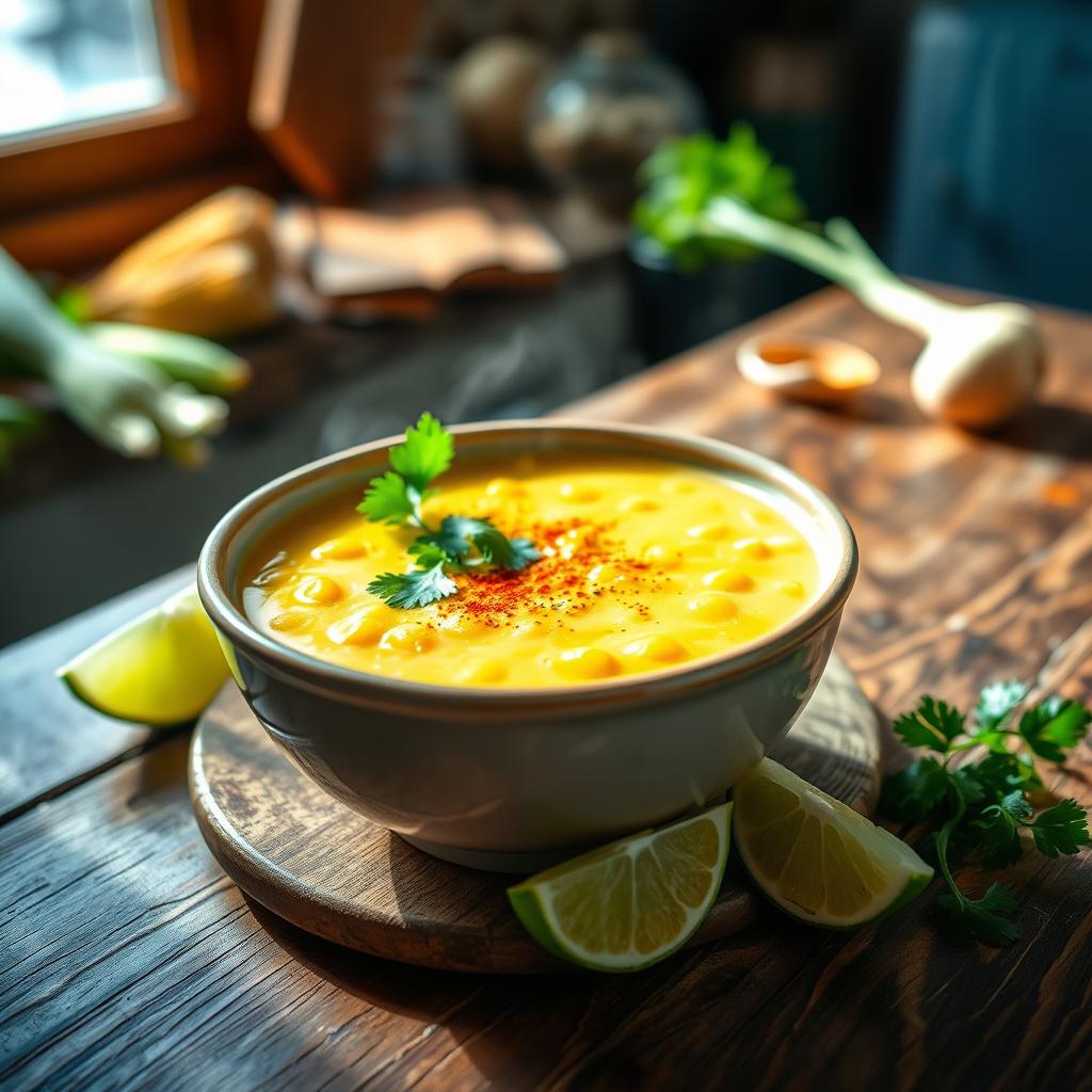 A steaming bowl of corn soup on a rustic wooden table, garnished with fresh cilantro and a slice of lime on the side