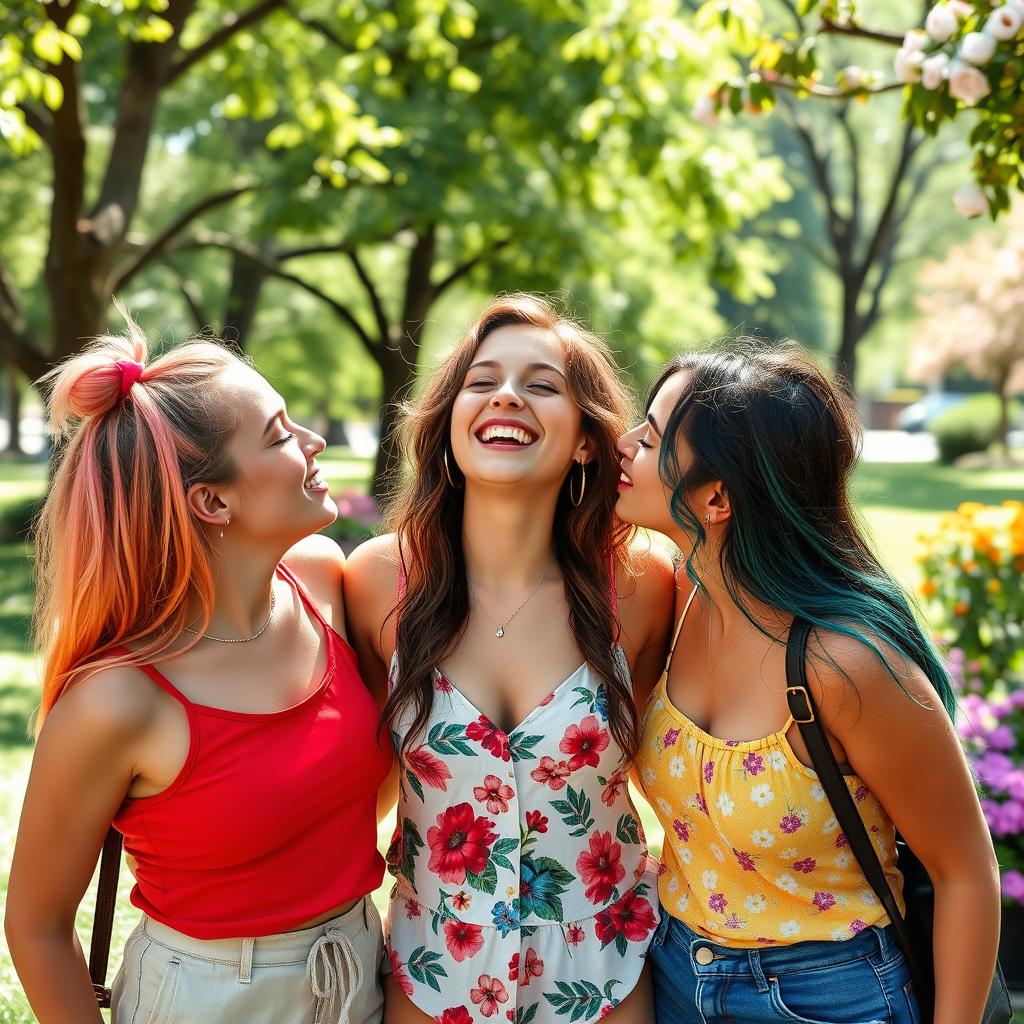 Three young women with vibrant hairstyles and joyful expressions engage in a playful, friendly moment as they share warm kisses and gentle caresses