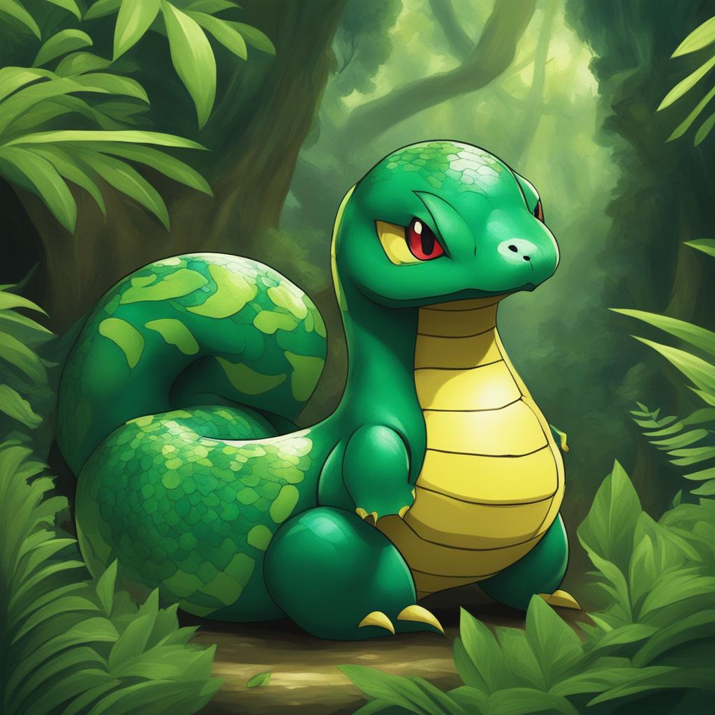 The digital art image features a robust, coiled Pokemon inspired by an Anaconda