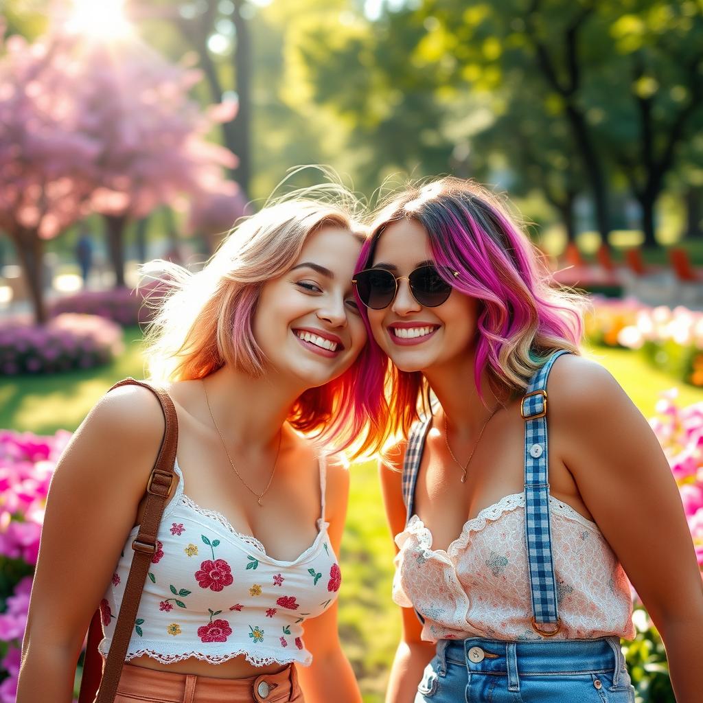 Two young women with colorful hairstyles and bright smiles share a playful, affectionate moment, kissing and caressing each other in a warm and cheerful setting