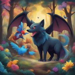 This digital art image depicts a unique Pokemon, a chimera of a wolf, bat, boar, black bird, butterfly, and chick